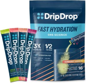 DripDrop Hydration Packets – Sunburst Variety Pack – Single Serve Electrolytes Powder Drink Mix – Lemon Lime, Strawberry, Peach, Black Cherry – Non-GMO, Gluten Free, Vegan – 16 Sticks